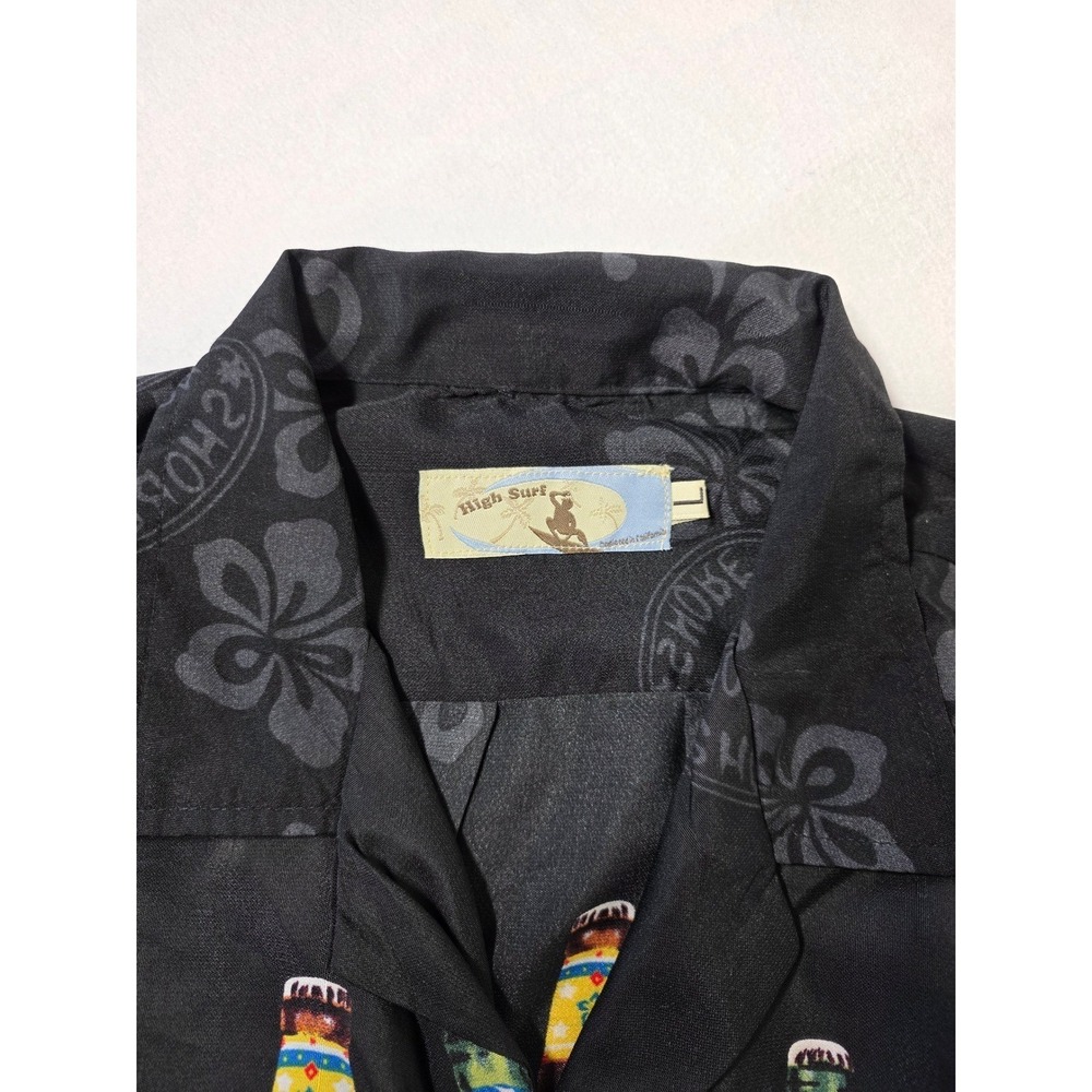 High Surf North Shore Hawaiian Shirt Mens Large Black Beer Bottle Hibiscus Print